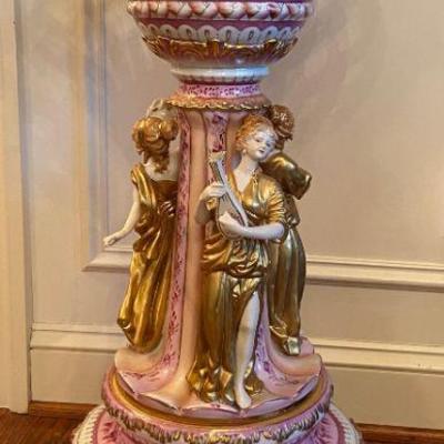 Dresden porcelain figural compote with reticulated basket = 29"h x 14 1/2" diameter