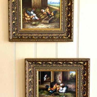 Original paintings of chickens.