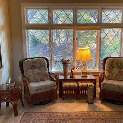 Palm Springs Rattan Garden Classics collection - 2 swivel rocking chairs, settee, glass top coffee table, round side table, rectangular...