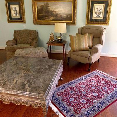 marble top coffee table, Stickley chair & ottoman, Barcalounger chair, landscape painting, and pair of Grecian urn prints.