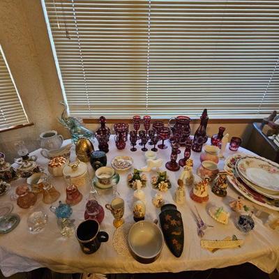Ruby Bohemian Glass, Depression Glass Bells, Capodimonte Cups and Saucers, 