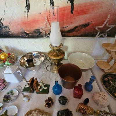Hurricane Lamp, Blue Glass Bottles, 