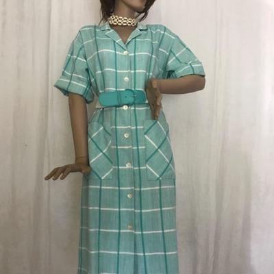 Aqua • Plaid • Shirtwaist • 28” Waist • $30
