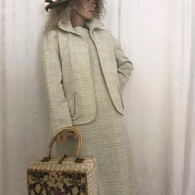 Mint & Oatmeal • Plaid • Bouclê • Short Sleeve Dress • & Jacket • 28” Waist • $50