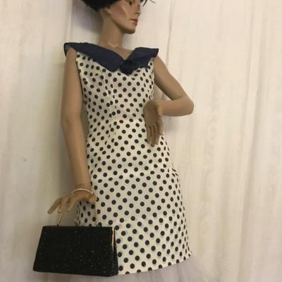 Navy & White • Polka-Dot • Sill • Coctail Dress • 30” Waist • $35