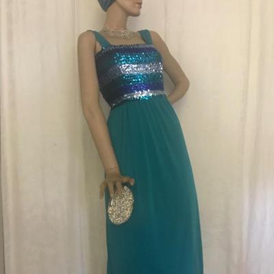 Peacock Green • Sequin Bodice • Elasticized Waist • Matching Jacket • $50