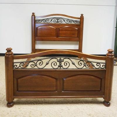 Sale Photo Thumbnail #279: 1148	SOLID CHERRY QUEEN SIZE BED W/ORNATE IRON GALLERY INSET, APPROXIMATELY 66 IN X 90 IN X 59 IN HIGH
