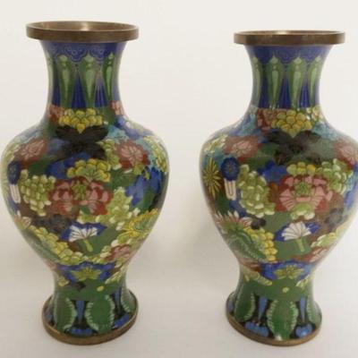 1016	PAIR OF CLOISONNE ENAMELED VASES W/IMAGES OF FLOWERS, EACH APPROXIMATELY 9 1/4 IN
