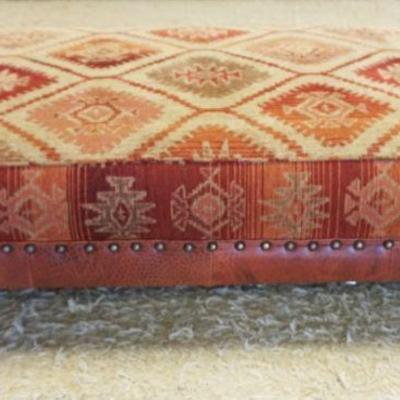 1122	ROCHE BOBOIS OTTOMAN W/LEATHER BASE TRIM & BRASS TACK ACCENTS, APPROXIMATELY 26 IN X 50 IN X 16 IN HIGH
