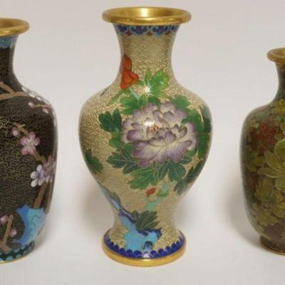 1022	CLOISONNE ENAMELED GROUP OF ASSORTED VASES EACH W/IMAGES OF FLOWERS ON BRANCHES, LARGEST APPROXIMATELY 7 1/4 IN
