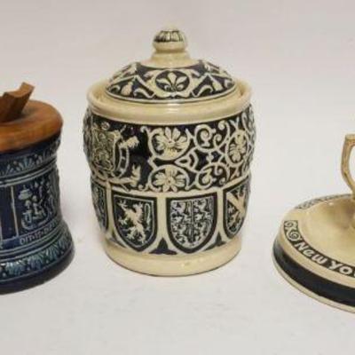 1211	GROUP OF ASSORTED VINTAGE GERMAN STONEWARE INCLUDING TOBACCO JARS, STEIN, ASHTRAY, ETC, LARGEST APPROXIMATELY 8 1/4 IN HIGH
