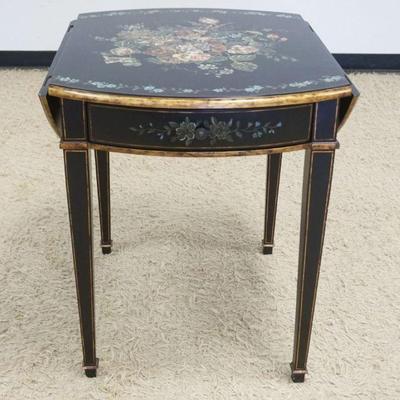 1150	LLOYDS FLORAL DECORATED DROPLEAF TABLE W/GUILDED EDGE ACCENTS & ONE DRAWER, APPROXIMATELY 26 IN X 30 IN X 30 IN HIGH, DROPS...