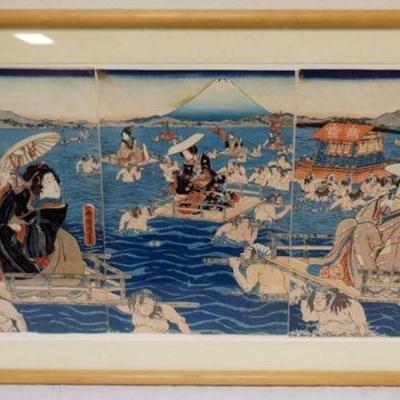 1222	FRAMED WOOD BLOCK PRINT W/IMAGES OF PEOPLE SWIMMING, APPROXIMATELY 20 IN X 35 IN
