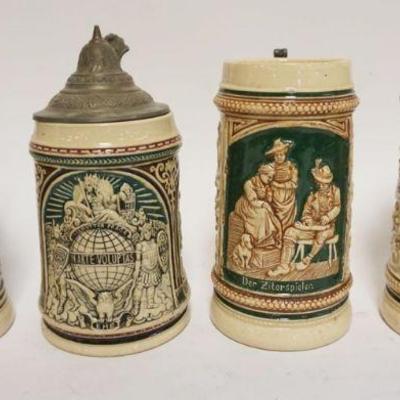 1200	GROUP OF 4 VINTAGE GERMAN STEINS, 2 MISSING PEWTER TOPS, TALLEST APPROXIMATELY 7 IN
