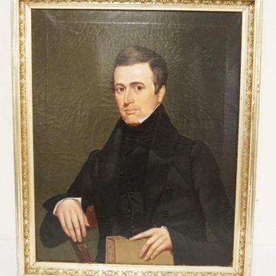 1074	ANTIQUE ANCESTOR PORTRAIT PAINTING, APPROXIMATELY 28 IN X 34 IN OVERALL
