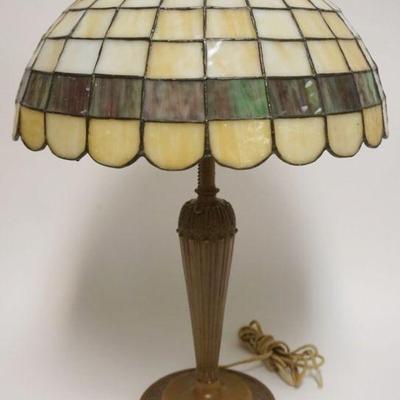1001	ANTIQUE TIFFANY STYLE TABLE LAMP W/LEADED GLASS SHADE, APPROXIMATELY 24 IN HIGH
