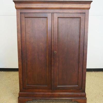 1104	NATIONAL MT AIRY CHERRY 2 DOOR WARDROBE W/5 ADJUSTABLE INTERIOR SHELVES & CLOTHS RACK, APPROXIMATELY 55 IN X 24 IN X 76 IN HIGH
