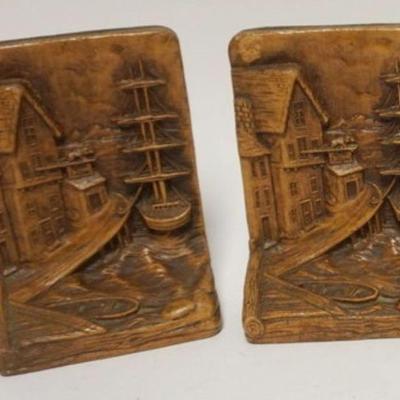 1054	PAIR OF SYROCO WOOD BOOKENDS ENGLISH DOCK W/SAILING SHIP, APPROXIMATELY 5 IN X 2 1/2 IN X 7 IN HIGH
