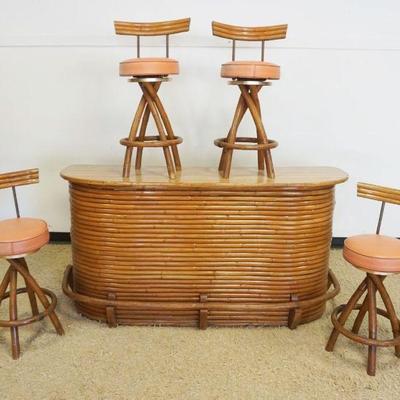 1120	VINTAGE TIKI STYLE BAMBOO BAR, FORMICA TOP W/4 SWIVEL MATCHING BAR STOOLS, BAR APPROXIMATELY 73 IN X 23 IN X 37 IN HIGH
