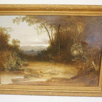 1072	ANTIQUE OIL PAINTING ON CANVAS LANDSCAPE W/OUTLINES OF DOGS RUNNING & MAN FOLLOWING, LOSS TO CANVAS, APPROXIMATELY 32 IN X 43 IN
