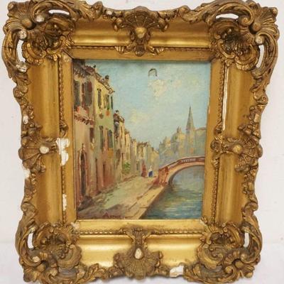 1092	OIL PAINTING ON CANVAS ARTIST SIGNED CANAL SCENE SOME LOSS TO CANVAS, APPROXIMATELY 13 IN X 16 IN OVERALL
