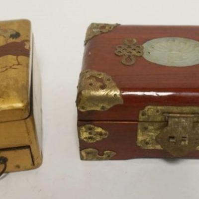 1059	ASIAN WOOD & LACQUERED DRESSER/TRINKET BOXES, WOOD HAS APPLIED BRASS TRIM & JADE OVAL MEDALION INSET TOP, APPROXIMATELY 7 IN...
