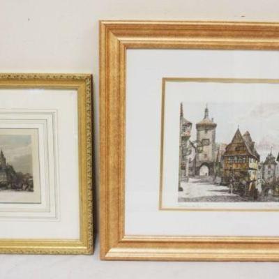 1080	2 FRAMED ENGRAVINGS CONTINENTAL CITY STREET SCENES, ONE SIGNED, LARGEST APPROXIMATELY 24 IN X 19 1/2 IN OVERALL
