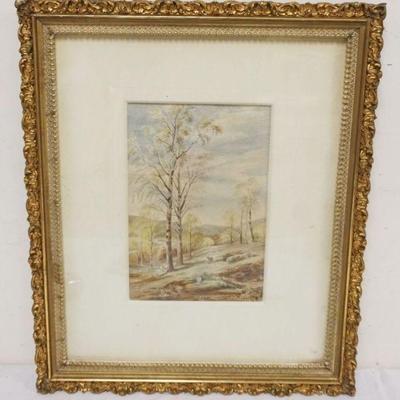 1086	ARTIST SIGNED WATERCOLOR LANDSCAPE, SHEEP ON WOODED MOUNTAIN SIDE, APPROXIMATELY 19 IN X 23 IN
