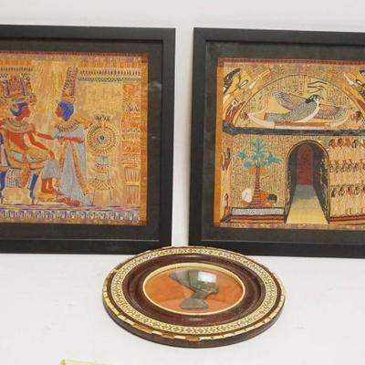 1189	PAIR OF FRAMED TEXTILES W/EGYPTION DESIGN & FRAMED BRASS SILHOUETTE, LARGEST APPROXIMATELY 14 IN X 15 IN
