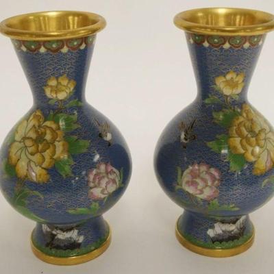 1003	PAIR OF CLOISONNE ENAMELED VASES W/IMAGES OF BIRDS & FLOWERS, APPROXIMATELY 8 IN HIGH
