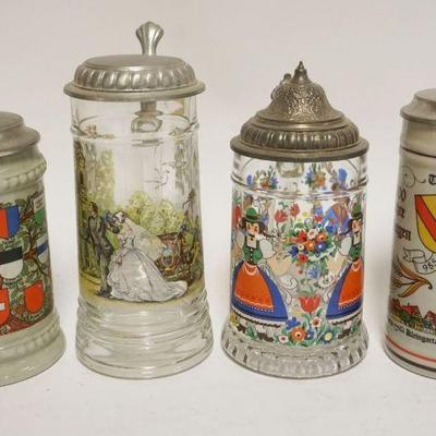 1208	GROUP OF 4 VINTAGE GERMAN STEINS/MUGS INCLUDING 2 GLASS, TALLEST APPROXIMATELY 8 IN HIGH
