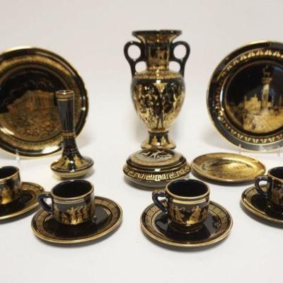 1181	GROUP OF ASSORTED VINTAGE GREEK CHINA W/24 KT GOLD ACCENTS & DESIGN INCLUDING 10 IN DOUBLE HANDLED URN, 2-9 1/2 IN PLATES,...