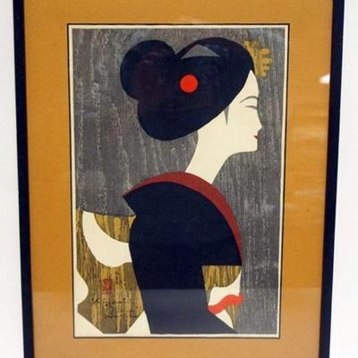1216	FRAMED & MATTED WOODBLOCK PRINT PROFILE OF GEISHA GIRL, ARTIST SIGNED, APPROXIMATELY 16 IN X 23 IN OVERALL
