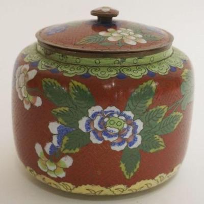 1006	CLOISONNE ENAMELED COVERED JAR W/IMAGES OF FLOWERS, APPROXIMATELY 5 1/2 IN HIGH
