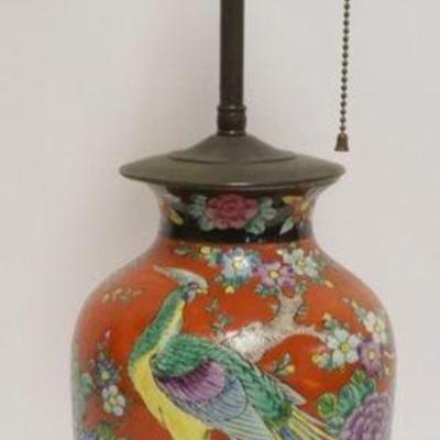 1029	ASIAN PORCELAIN TABLE LAMP W/IMAGES OF A PHEASANT & FLOWERS, APPROXIMATELY 25 IN HIGH OVERALL

