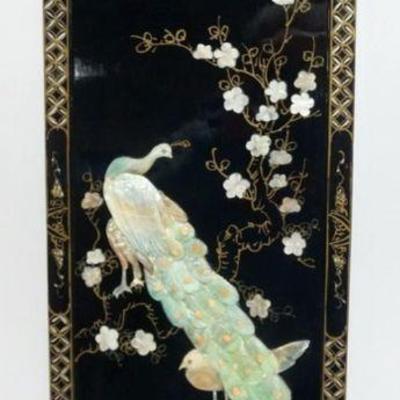 1221	APPLIED MOTHER OF PEARL PEACOCK W/BIRDS & FLOWERS ON BLACK LACQUERED PANEL, APPROXIMATELY 12 IN X 36 IN OVERALL
