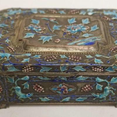 1058	ASIAN HINGED METAL TRINKET/DRESSER BOX W/ENAMELED DECORATION ALL OVER, APPROXIMATELY 5 IN X 3 1/2 IN X 2 1/4 IN HIGH
