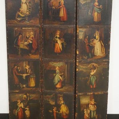 Sale Photo Thumbnail #139: 1139	3 SECTION FOLDING SCREEN W/12 DIFFERENT PAINTED IMAGES OVER PAPER W/LEATHER TRIM, SOME LOSS TO BORDER & SCREEN, EACH PANEL APPROXIMATELY 16 IN X 66 1/4 IN HIGH
