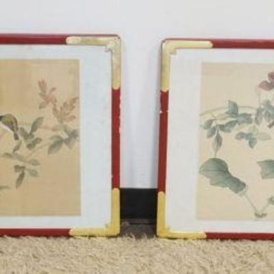 1225A	PAIR OF FRAMED ASIAN COLORED PRINTS W/IMAGES OF BIRDS ON FLORAL BRANCHES, EACH IN RED LACQUERED FRAMES W/GILT EDGES, SOME FOXING ON...