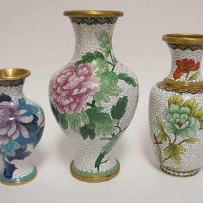 1023	CLOISONNE ENAMELED GROUP OF ASSORTED VASES EACH W/IMAGES OF FLOWERS ON BRANCHES, LARGEST APPROXIMATELY 9 1/4 IN
