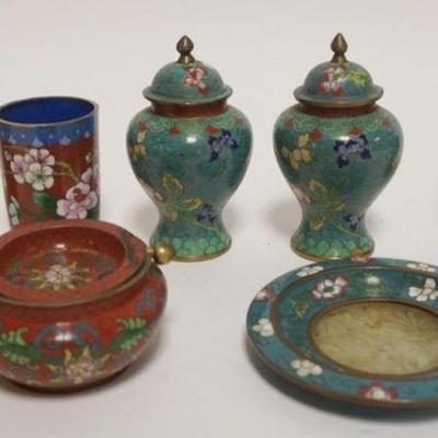 1020	GROUP OF ASSORTED CLOISONNE ENAMELED ITEMS, MINIATURE COVERED URNS, VASES, & SMALL PLATE W/JADE INSET BOTTOM, LARGEST PIECE...