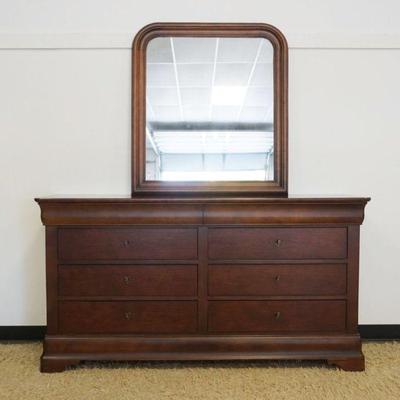 1102	NATIONAL MT AIRY CHERRY 8 DRAWER LOW CHEST W/HANGING MIRROR, APPROXIMATELY 22 IN X 69 IN X 36 IN HIGH
