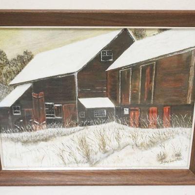 Sale Photo Thumbnail #91: 1091	OIL PAINTING ON BOARD BARN IN WINTER, ARTIST SIGNED BEN TUCKER, APPROXIMATELY 18 1/4 IN X 18 1/4 IN
