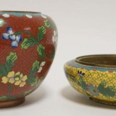 1018	CLOISONNE ENAMELED BOWLS EACH W/FLORAL DESIGN ON VINES, LARGEST APPROXIMATELY 6 1/2 IN X 5 IN HIGH
