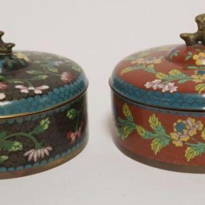 1011	CLOISONNE ENAMELED COVERED ROUND BOXES W/FOO DOG FINIALS ON LIDS, EACH APPROXIMATELY 5 IN X 4 IN HIGH
