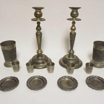 1100	GROUP OF ASSORTED METAL INCLUDING PEWTER MUGS, SMALL PLATES & SHOT GLASSES, TALLEST APPROXIMATELY 12 IN HIGH
