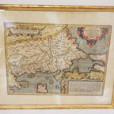 1078	FRAMED COLORED MAP OF ANCIENT THRACIA GREECE, BULGAIRIA & TURKEY, SOME TEARS & STAINS, APPROXIMATELY 24 1/2 IN X 20 1/4 IN...