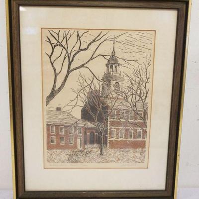 1095	INDEPENDENCE HALL SIGNED & NUMBERED FRAMED PRINT, #17/100, APPROXIMATELY 15 IN X 18 1/2 IN OVERALL
