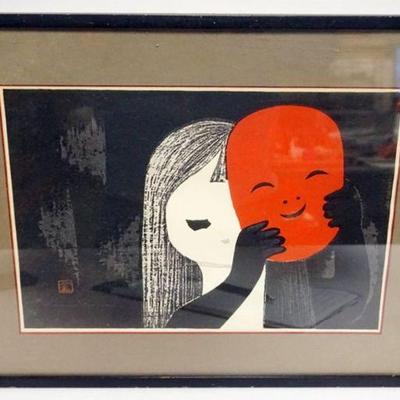 1217	FRAMED & MATTED WOODBLOCK PRINT OF CHILD W/MASK, APPROXIMATELY 16 IN X 22 IN OVERALL
