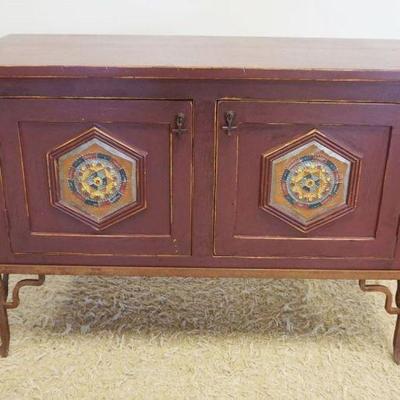 1118	COUNTRY STYLE 2 DOOR CABINET W/BUTTERMILK RED PAINT FINISH & DECORATED PANELED DOORS ON WROUGHT IRON FRAME, APPROXIMATELY 44 IN...
